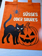 Halloween Mini Bag Orange – „Süßes oder Saures“ Baumwolltasche mit Leuchtfolie & schwarzem Druck – 100% Baumwolle, 140 g/m²
