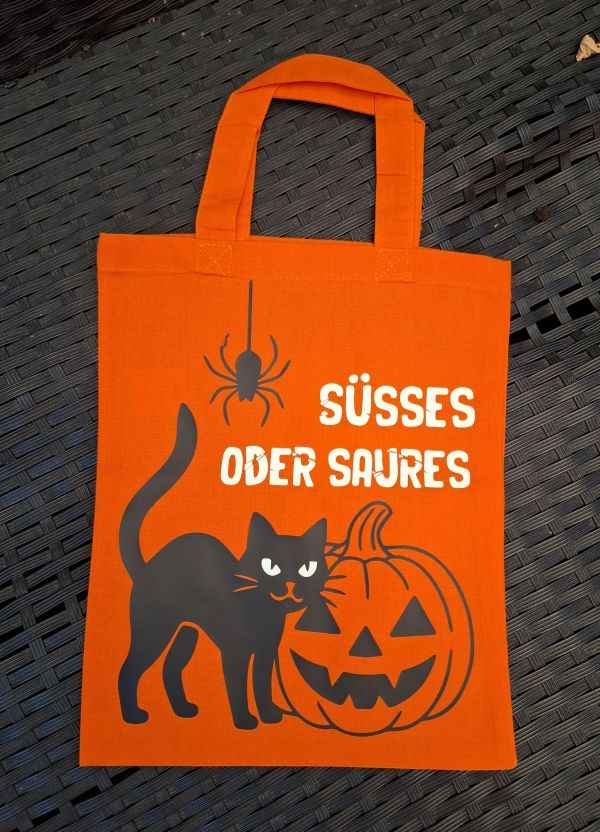 Halloween Mini Bag Orange – „Süßes oder Saures“ Baumwolltasche mit Leuchtfolie & schwarzem Druck – 100% Baumwolle, 140 g/m²