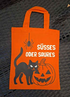 Halloween Mini Bag Orange – „Süßes oder Saures“ Baumwolltasche mit Leuchtfolie & schwarzem Druck – 100% Baumwolle, 140 g/m²