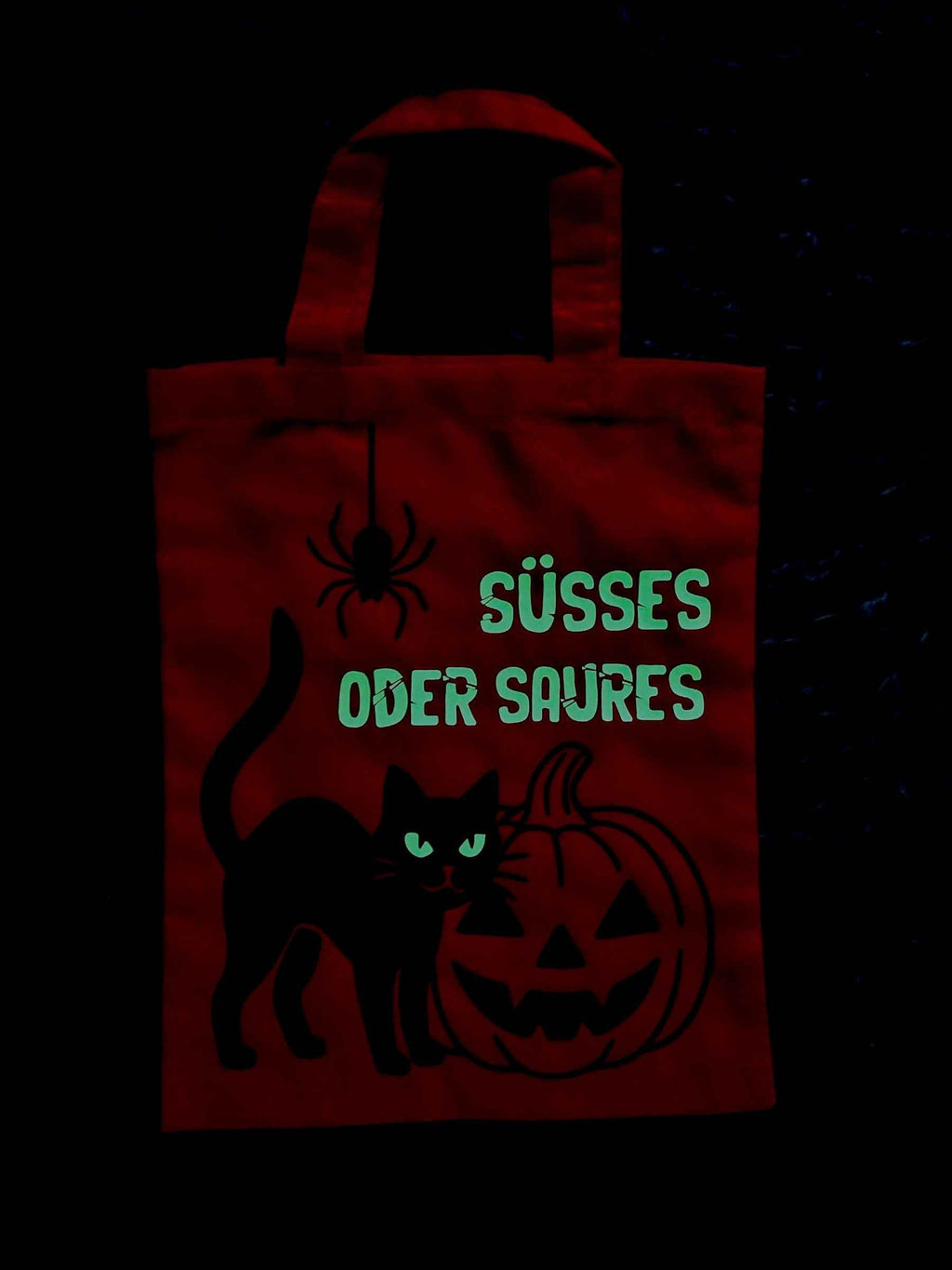 Halloween Mini Bag Orange – „Süßes oder Saures“ Baumwolltasche mit Leuchtfolie & schwarzem Druck – 100% Baumwolle, 140 g/m²