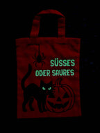 Halloween Mini Bag Orange – „Süßes oder Saures“ Baumwolltasche mit Leuchtfolie & schwarzem Druck – 100% Baumwolle, 140 g/m²