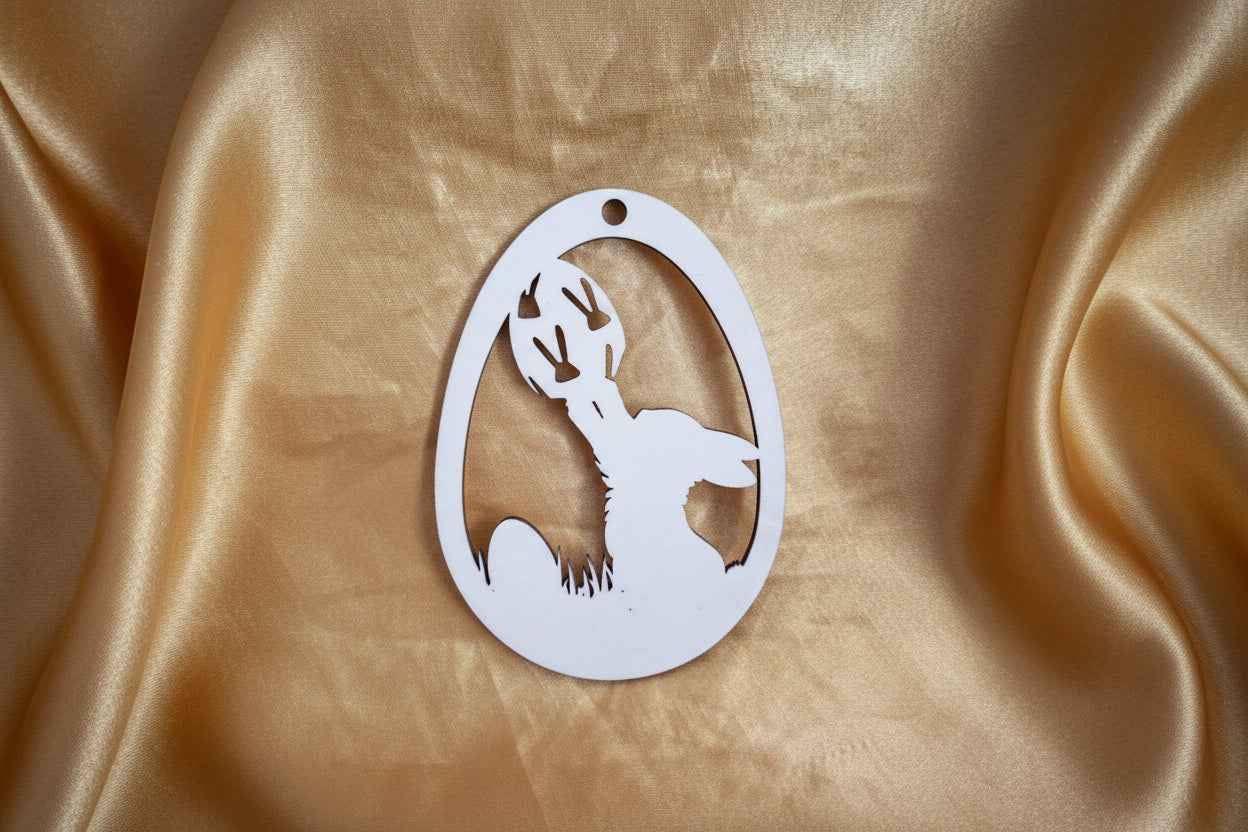 Holz Osterei Anhänger Hase mit Osterei – lasergeschnittenes Sperrholz zum Basteln & Bemalen