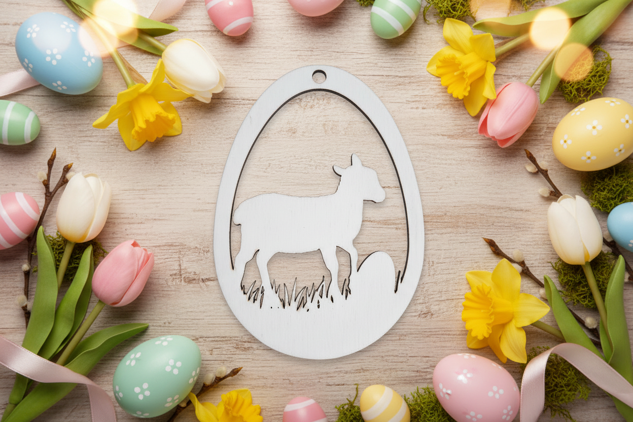 Holz Osterei Anhänger Schaf mit Osterei – lasergeschnittenes Bastelholz für Ostern