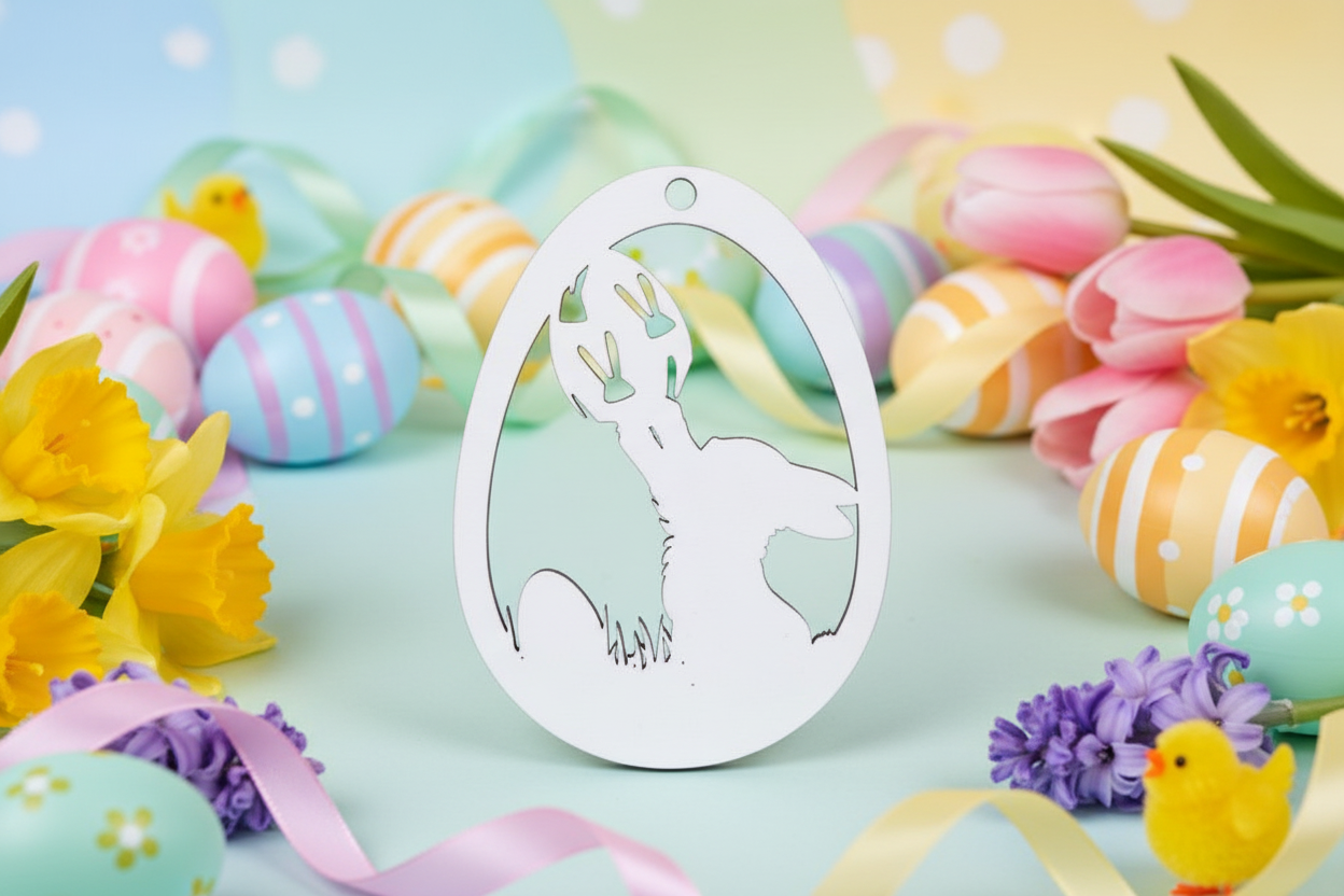 Holz Osterei Anhänger Hase mit Osterei – lasergeschnittenes Sperrholz zum Basteln & Bemalen