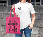 Pinke Baumwolltasche bedruckt mit dem Motiv - Dog Mother, Coffee Lover in schwarz