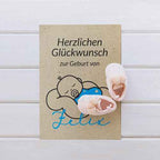 Glückwunschkarte zur Geburt aus Graspapier | DIN A5 mit 3D-Flock-Babybody | Inkl. Graspapier-Umschlag | Öko-Grußkarte mit Personalisierung