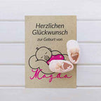 Glückwunschkarte zur Geburt aus Graspapier | DIN A5 mit 3D-Flock-Babybody | Inkl. Graspapier-Umschlag | Öko-Grußkarte mit Personalisierung