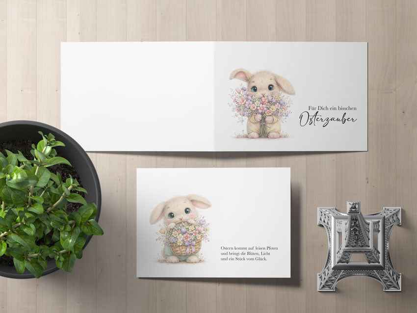 Osterkarte A6 zum Ausdrucken - Printable Klappkarte Download mit süßem Hasen & Blumen