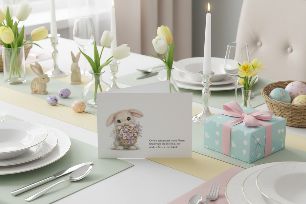 Osterkarte A6 zum Ausdrucken - Printable Klappkarte Download mit süßem Hasen & Blumen