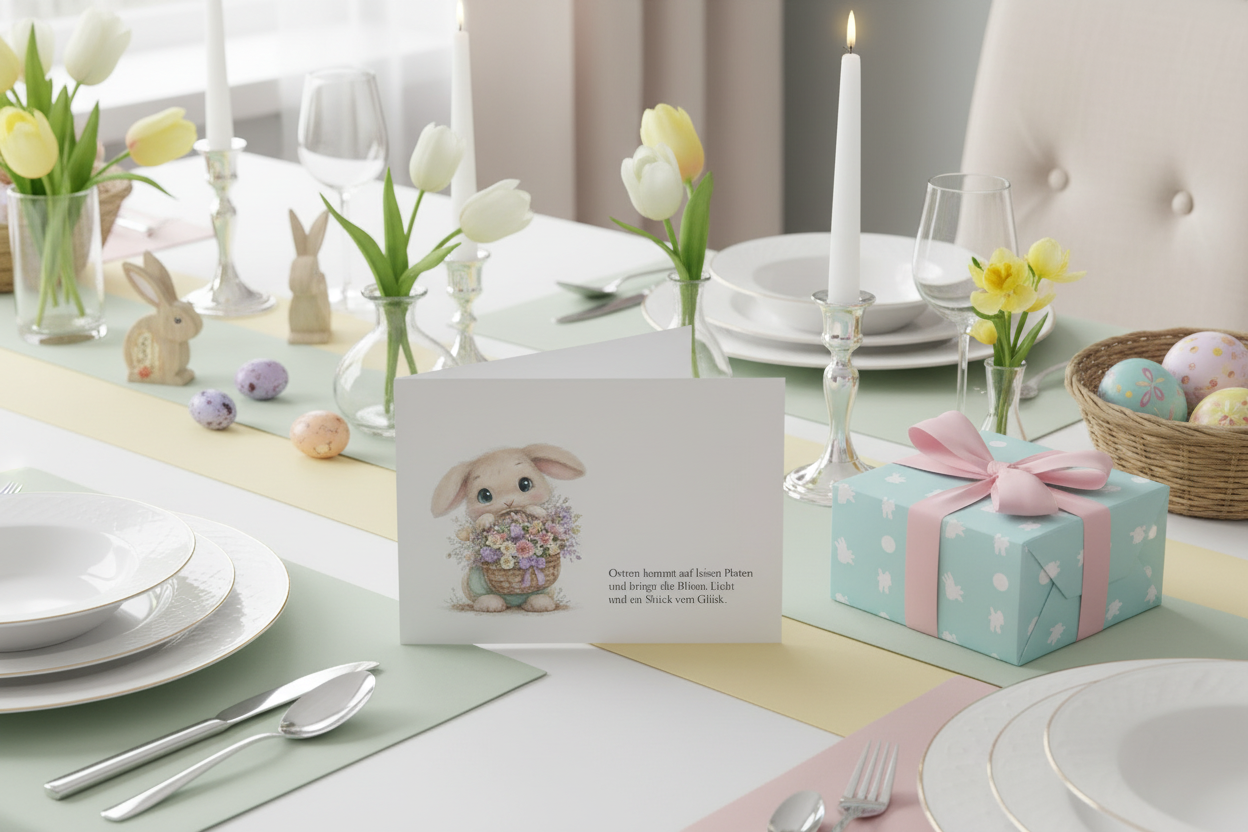 Osterkarte A6 zum Ausdrucken - Printable Klappkarte Download mit süßem Hasen & Blumen