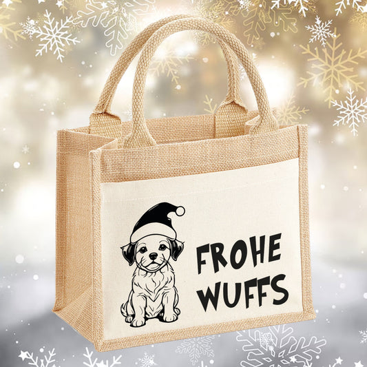 Jutetasche mit dem fröhlichen Schriftzug "froh wuffes", ideal für Hundeliebhaber und umweltbewusste Menschen.