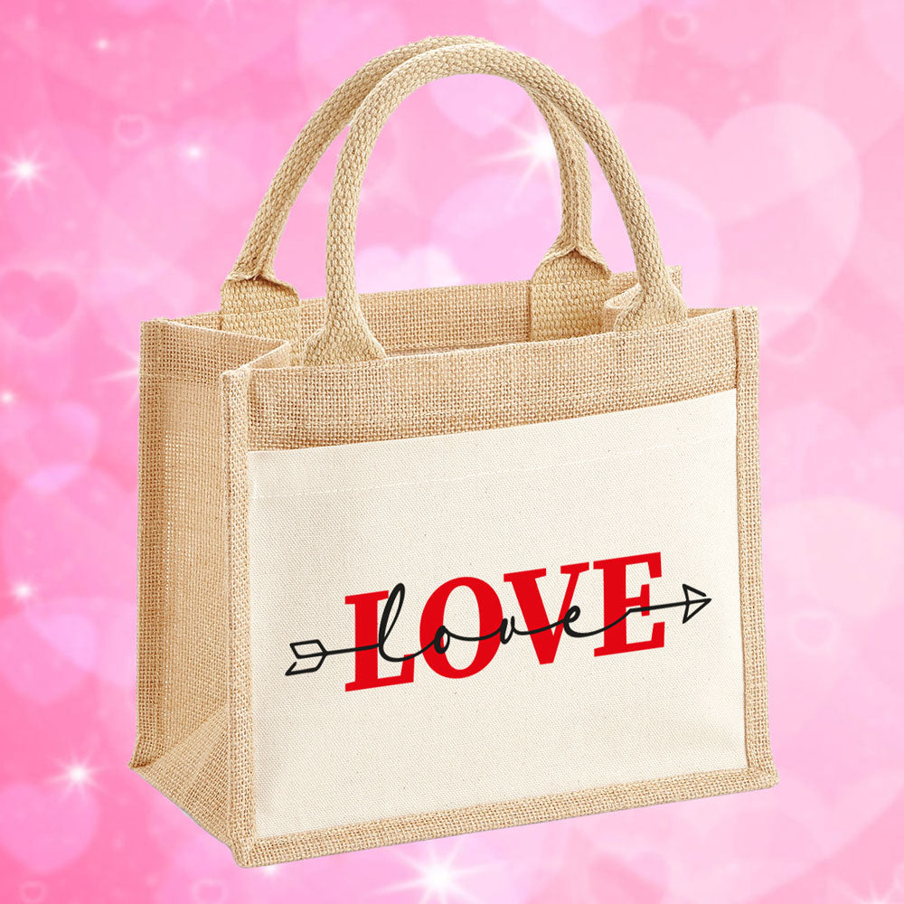 Jutebeutel klein mit 'LOVE' & Pfeil – 6 Liter, 26x22x14 cm – Öko-Tasche aus Baumwolle & Jute – Nachhaltiges Geschenk für Valentinstag, Freundin & mehr - AC Designs