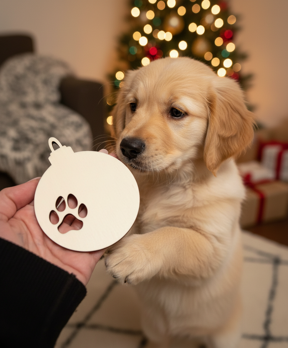 Weihnachtskugel aus Holz mit Pfotenabdruck – Laser­geschnittenes Sperrholz-Ornament zum Bemalen (7,5 x 9,5 cm)