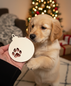 Weihnachtskugel aus Holz mit Pfotenabdruck – Laser­geschnittenes Sperrholz-Ornament zum Bemalen (7,5 x 9,5 cm)