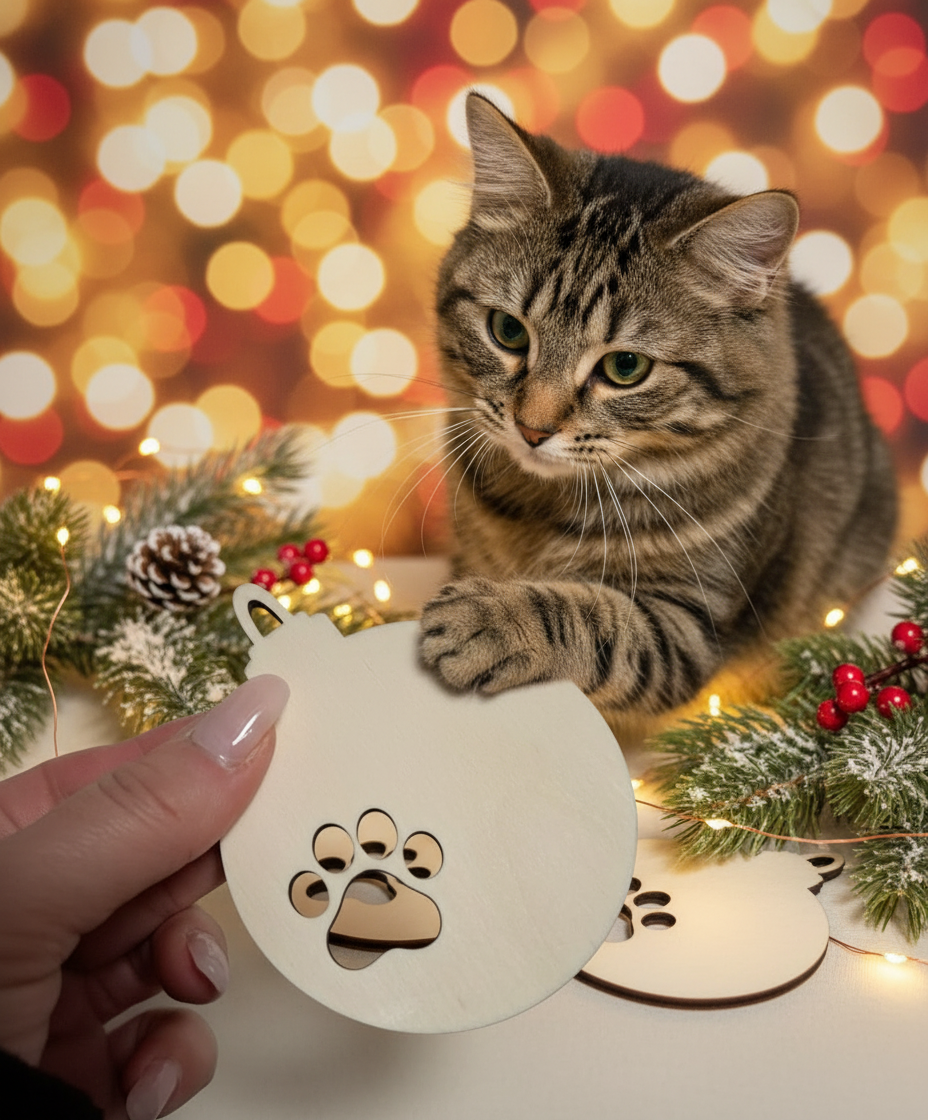 Weihnachtskugel aus Holz mit Katzenpfoten-Abdruck – Lasergeschnittenes Sperrholz-Ornament zum Bemalen (7,5 x 9,5 cm)