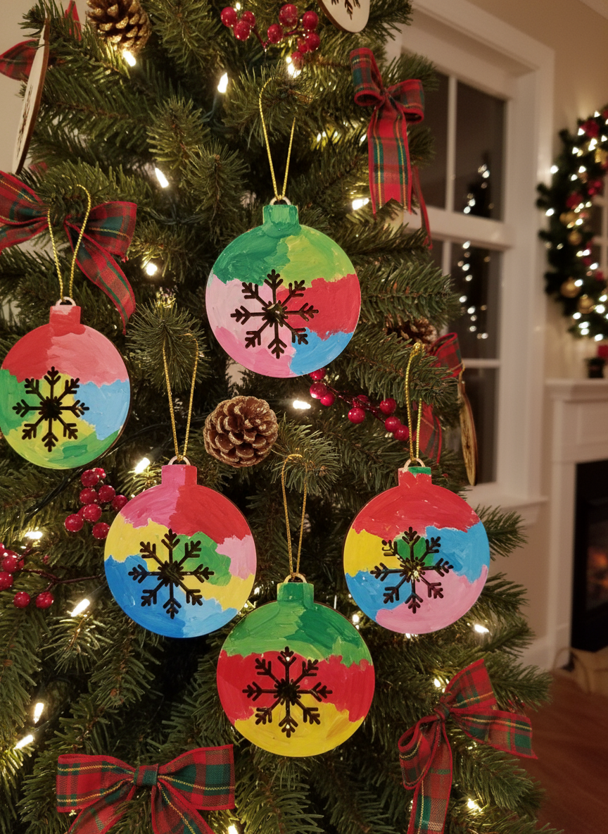 Holzanhänger „Kugel mit Schneeflocke“ – 6x9 cm, lasergeschnitten, Sperrholz