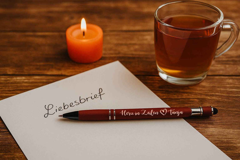 Eleganter Metall-Kugelschreiber mit Lasergravur „Herz in Zeilen“ + Name | Bordeauxrot | Touchscreen-Spitze | Persönliches Geschenk für Büro, Schule & Liebe