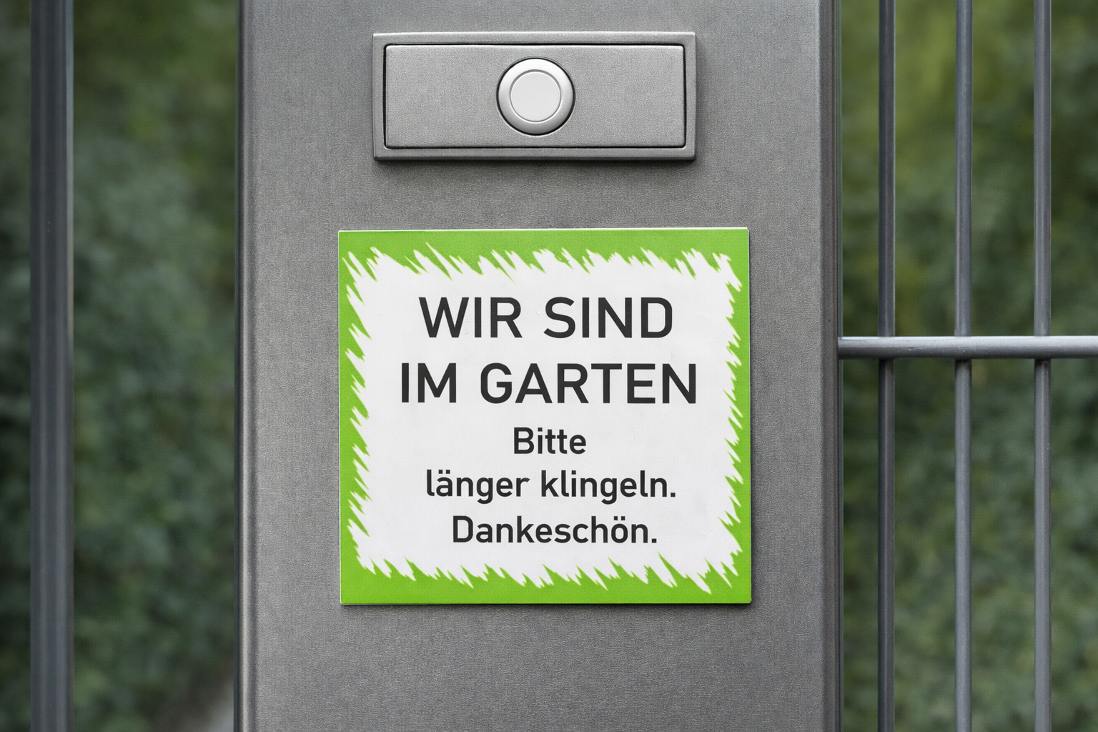 Magnetschild „Wir sind im Garten – bitte länger klingeln“ | 9 × 10 cm | Magnet für Zaun & Haustür