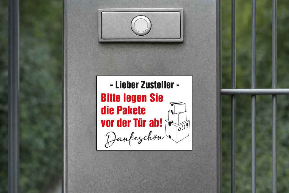 Magnetschild für den Briefkasten mit der Aufschrift „Bitte legen Sie die Pakete vor der Tür ab.“ in der Größe 9x7 cm