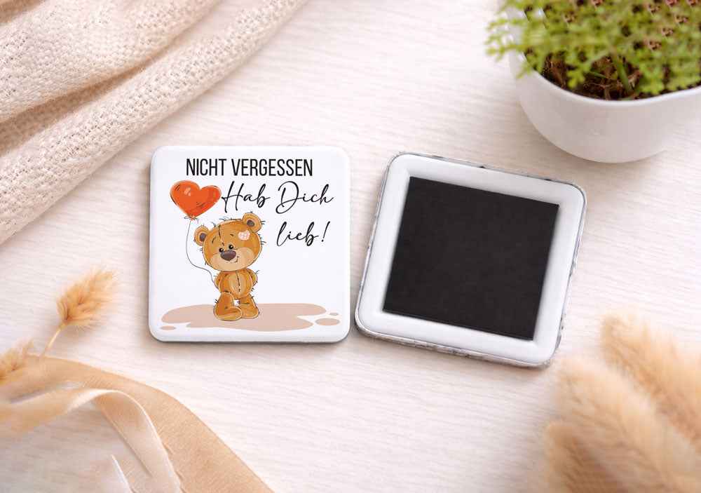Magnetbutton Bärchen Hab Dich Lieb - Kühlschrank Magnet 5x5 cm eckig