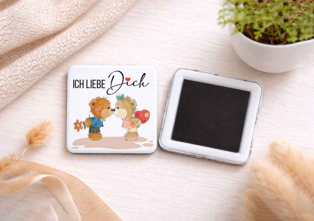 Bärchen Magnetbutton Ich Liebe Dich - Eckiger Kühlschrankmagnet 5x5 cm