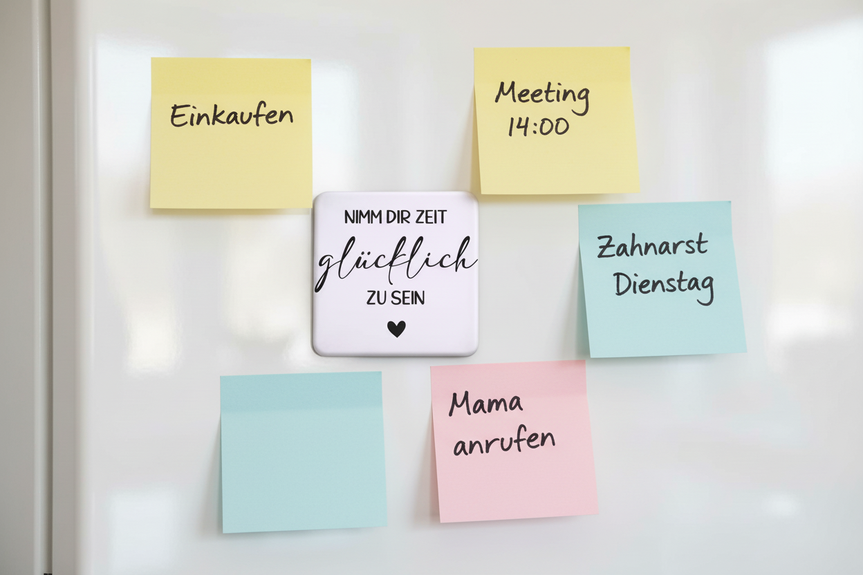 Magnetbutton „Nimm dir Zeit glücklich zu sein“ - Kühlschrank Magnet 5x5 cm, quadratisch