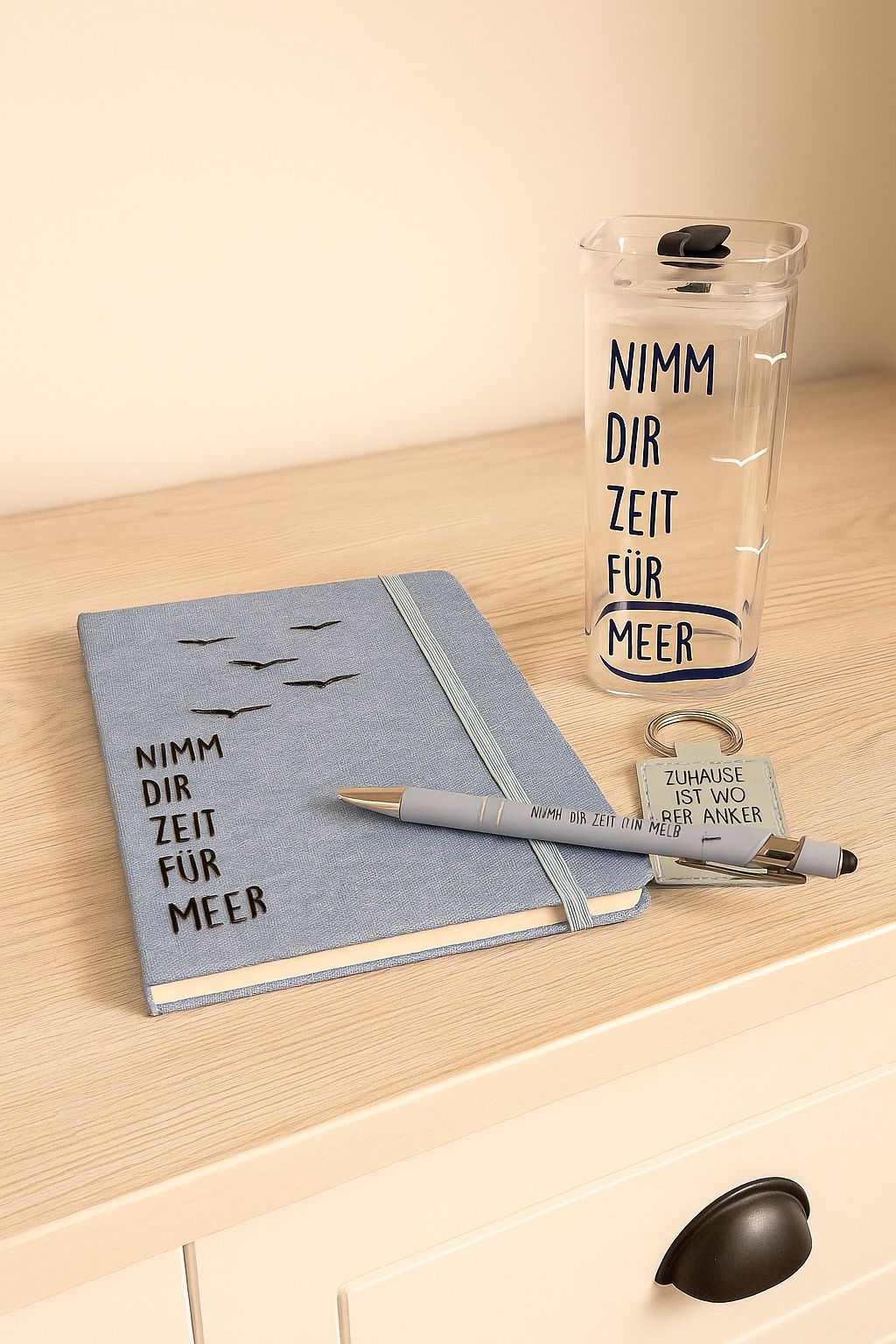 Nimm dir Zeit für Meer – Notizbuch Set mit Stift, Schlüsselanhänger & Trinkbecher