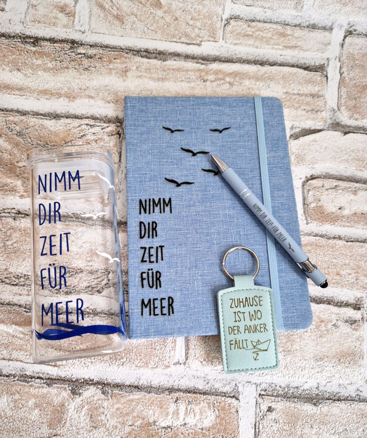 Nimm dir Zeit für Meer – Notizbuch Set mit Stift, Schlüsselanhänger & Trinkbecher