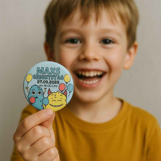 44mm Button "Monster Geburtstag" – Personalisierte Einladung zur Kinderparty
