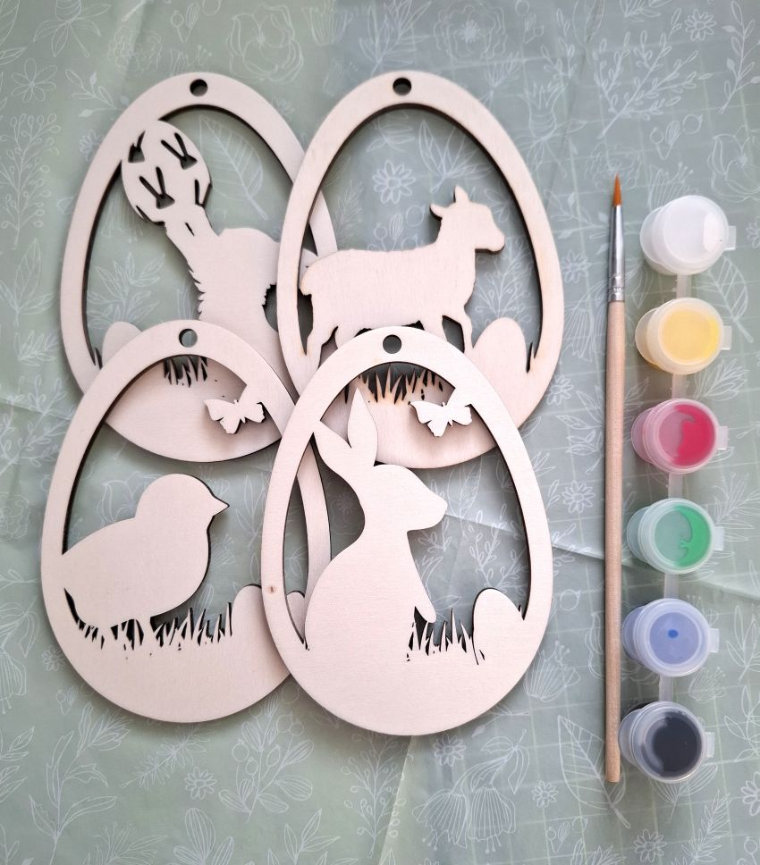 Holz Osterei Anhänger 4er SET – Hase, Küken & Schaf – Bastelrohlinge aus Sperrholz