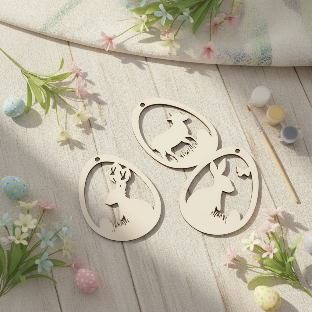 Holz Osterei Anhänger 4er SET – Hase, Küken & Schaf – Bastelrohlinge aus Sperrholz