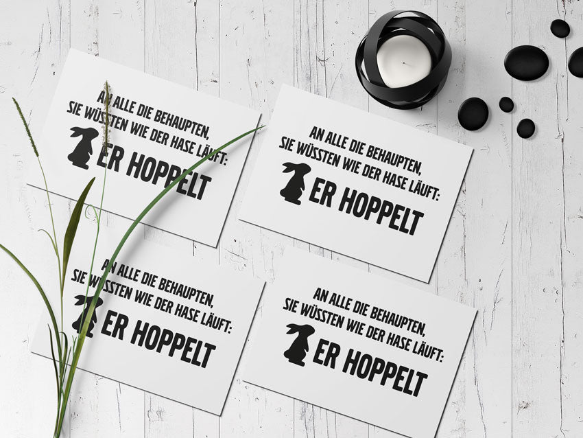 Osterkarten A6 „Er hoppelt“ - 4er Set auf A4 | Digital Download zum Ausdrucken