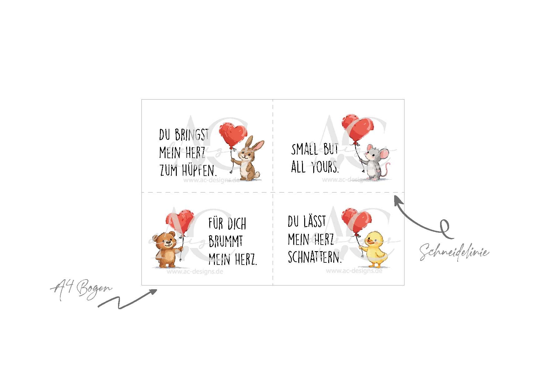 Printable Postkarten A4 - 4 süße Tierkarten mit Luftballon | Sofort Download