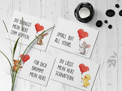 Printable Postkarten A4 - 4 süße Tierkarten mit Luftballon | Sofort Download