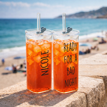 Eckiges 400 ml Glas mit Deckel & Strohhalm – Ready for a Bad Day