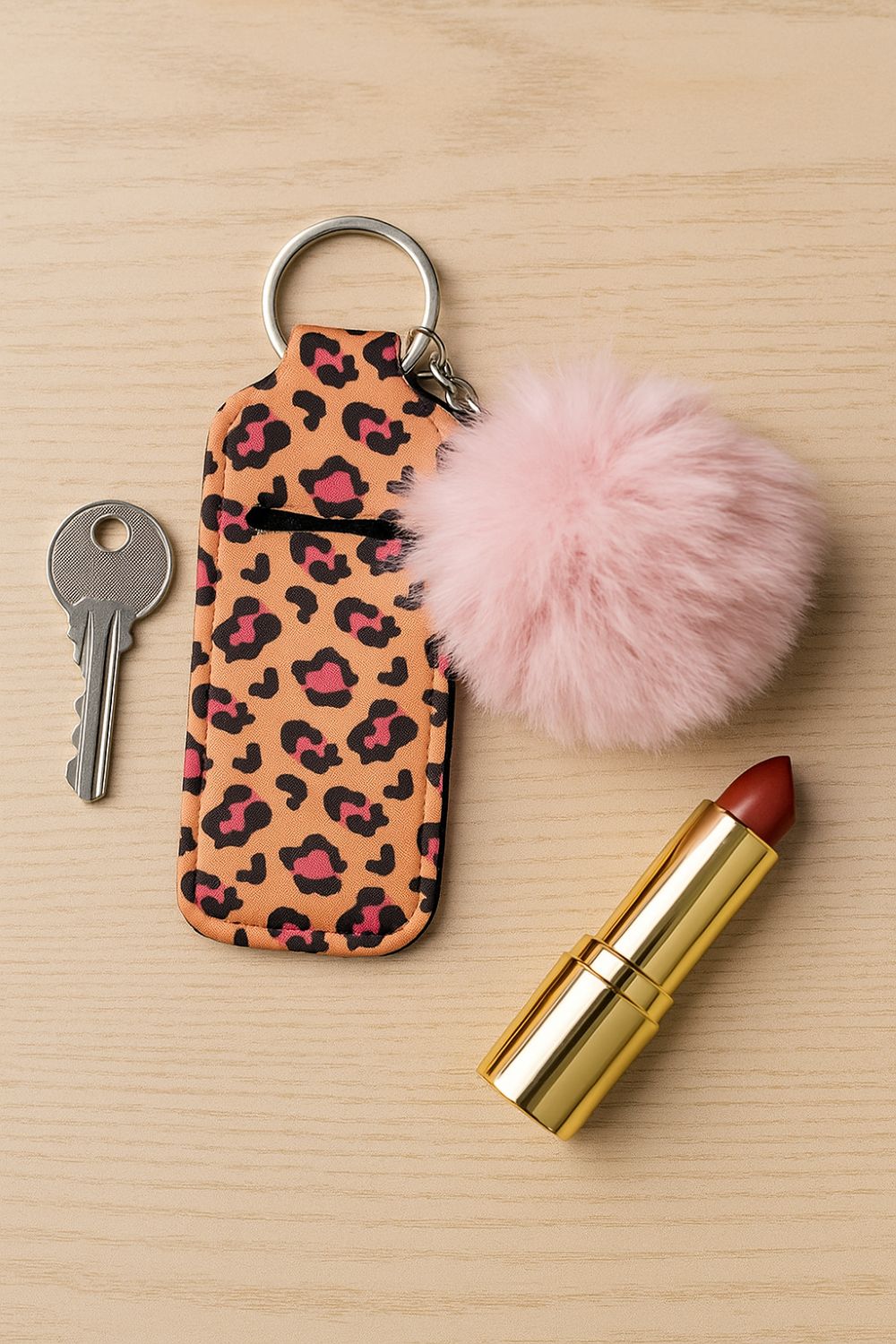Stylisches Schlüsselband aus Neopren mit Lippenstifthalter & Pom Pom – Animalprint in Rosa/Pink