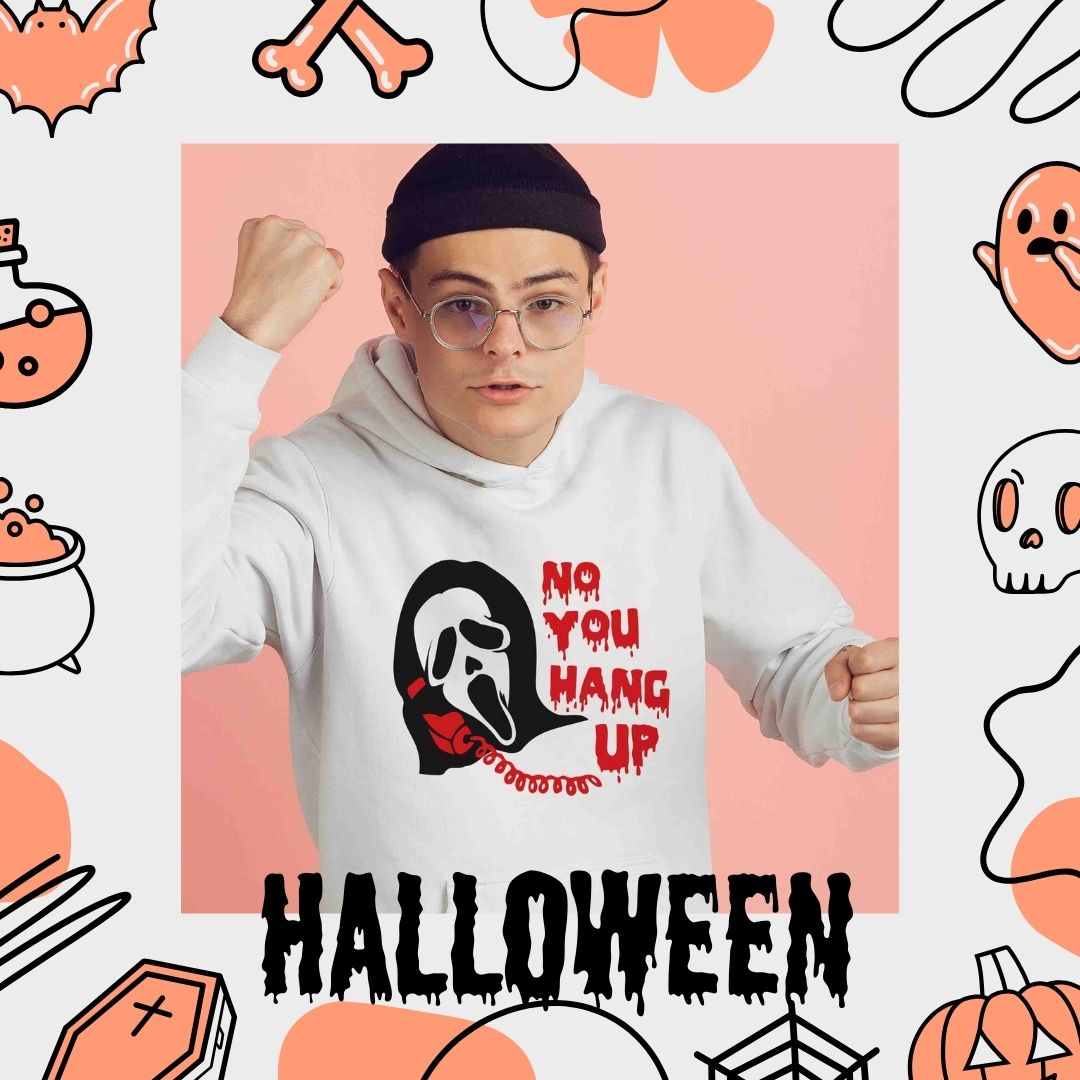 Ein lässiger Mann im Hoodie mit dem Halloween-Spruch "No, you hang up". Ideal für die gruselige Jahreszeit!