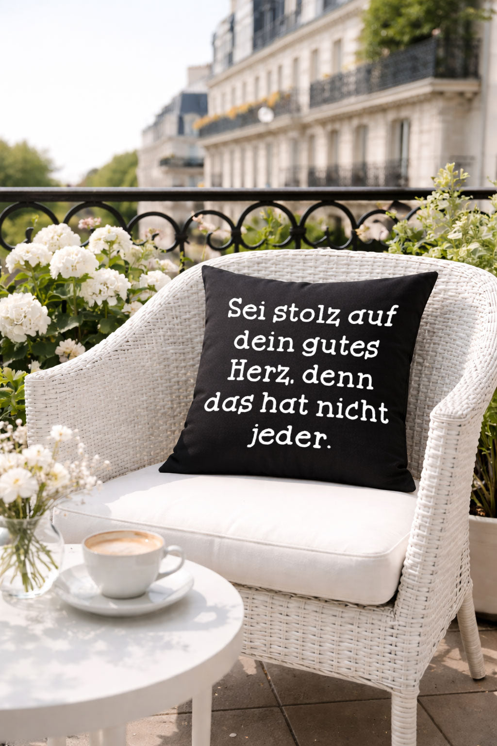 Kissenbezug "Sei stolz auf dein gutes Herz" – 40×40 cm | 100% Fairtrade-Baumwolle Canvas 305 g/m² | Schwarz mit weißem Druck | inkl. Polyester-Innenkissen optional