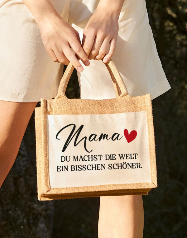 Mama Tasche aus Jute mit Spruch „Du machst die Welt schöner“ – liebevolles Geschenk zum Muttertag