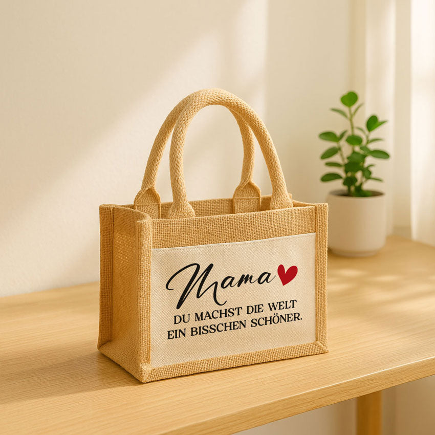 Detailaufnahme Jute Tasche mit hochwertigem Druck für Mama – nachhaltige Geschenkidee