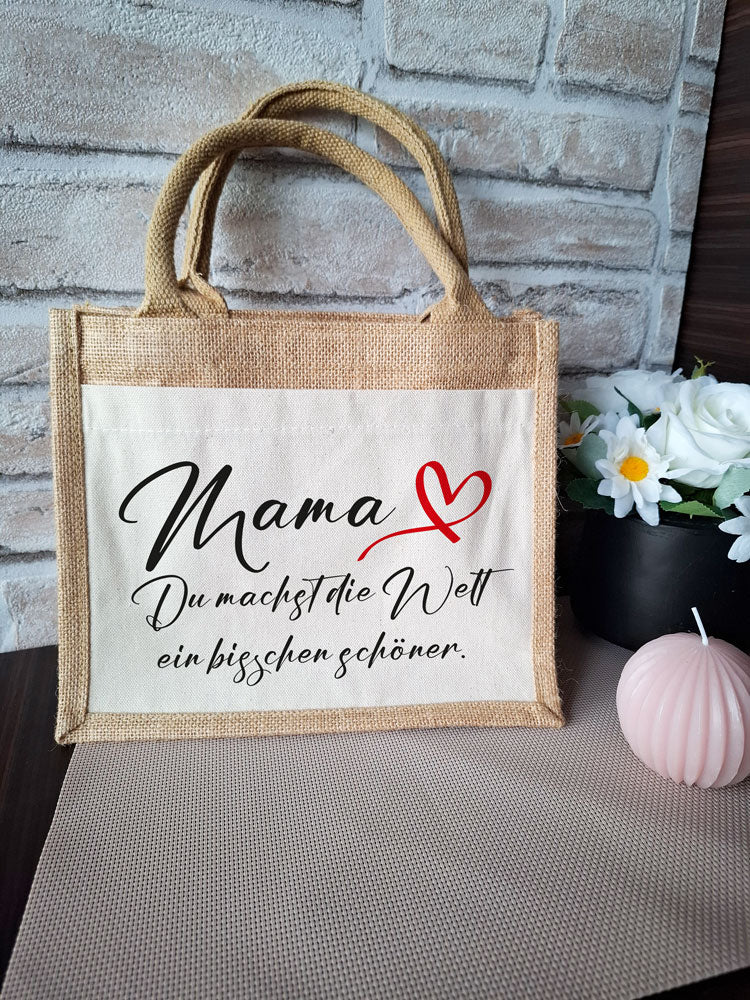 Jute-Tasche mit Spruch für Mama – Du machst die Welt ein bisschen schöner – Nachhaltig & persönlich - AC Designs