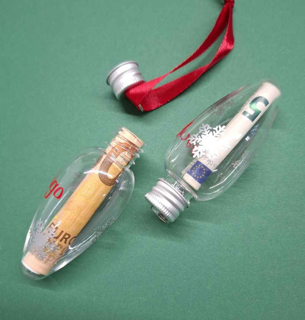 Set aus 2 befüllbaren Weihnachtsanhängern – personalisierbar, klar mit Schneeflocken, 8 cm, mit Drehverschluss – für Geldgeschenke, Botschaften & Süßes