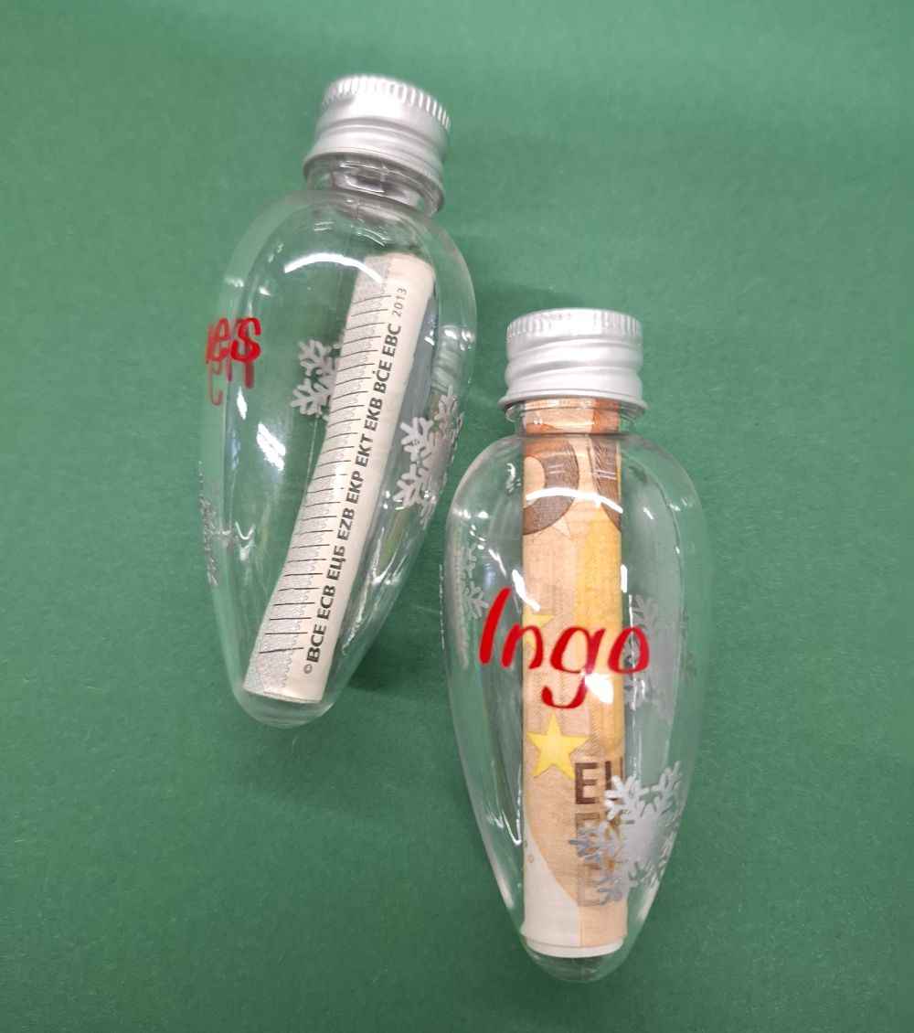 Set aus 2 befüllbaren Weihnachtsanhängern – personalisierbar, klar mit Schneeflocken, 8 cm, mit Drehverschluss – für Geldgeschenke, Botschaften & Süßes