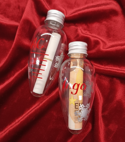 Set aus 2 befüllbaren Weihnachtsanhängern – personalisierbar, klar mit Schneeflocken, 8 cm, mit Drehverschluss – für Geldgeschenke, Botschaften & Süßes