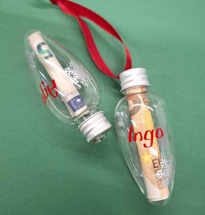 Set aus 2 befüllbaren Weihnachtsanhängern – personalisierbar, klar mit Schneeflocken, 8 cm, mit Drehverschluss – für Geldgeschenke, Botschaften & Süßes