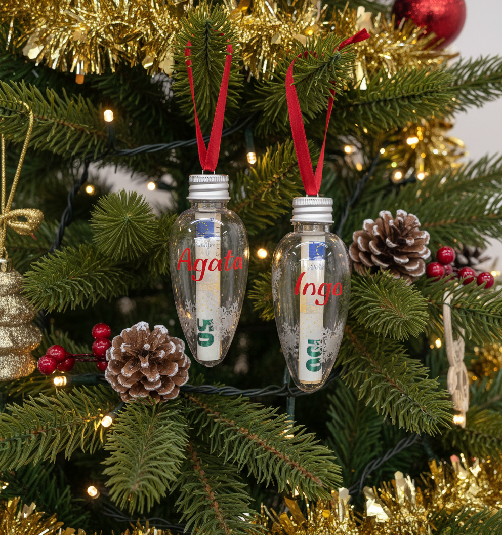 Set aus 2 befüllbaren Weihnachtsanhängern – personalisierbar, klar mit Schneeflocken, 8 cm, mit Drehverschluss – für Geldgeschenke, Botschaften & Süßes