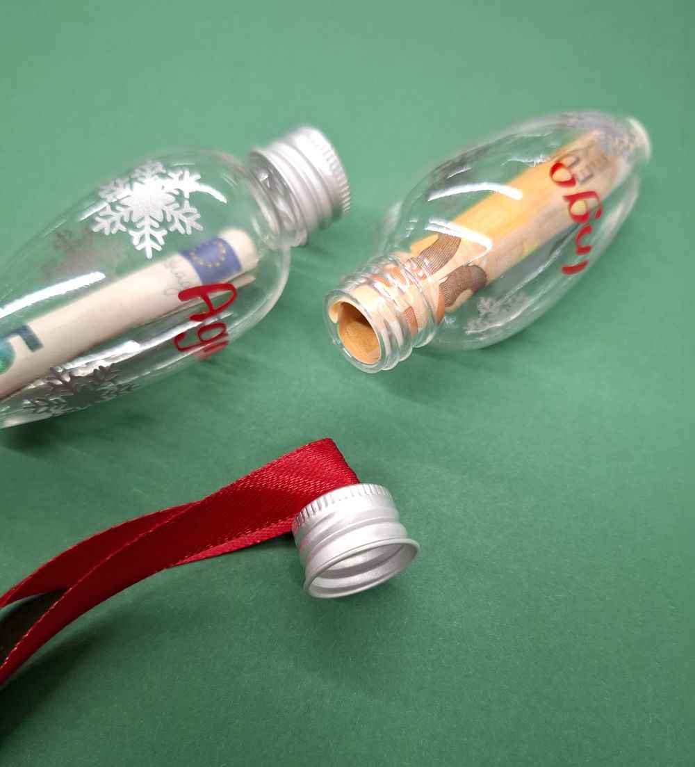 Set aus 2 befüllbaren Weihnachtsanhängern – personalisierbar, klar mit Schneeflocken, 8 cm, mit Drehverschluss – für Geldgeschenke, Botschaften & Süßes