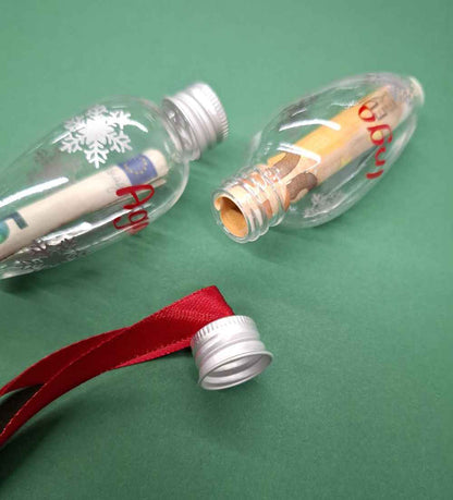 Set aus 2 befüllbaren Weihnachtsanhängern – personalisierbar, klar mit Schneeflocken, 8 cm, mit Drehverschluss – für Geldgeschenke, Botschaften & Süßes