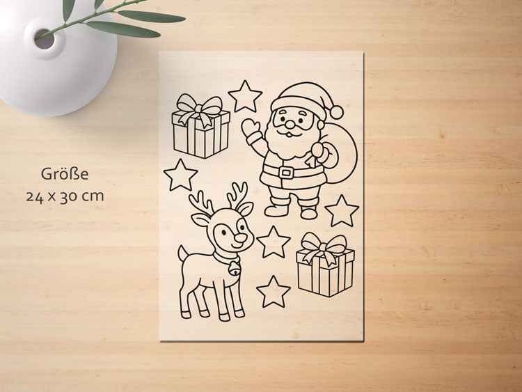 Ausmalbügelmotiv - WEIHNACHTSMANN MIT RENTIER
