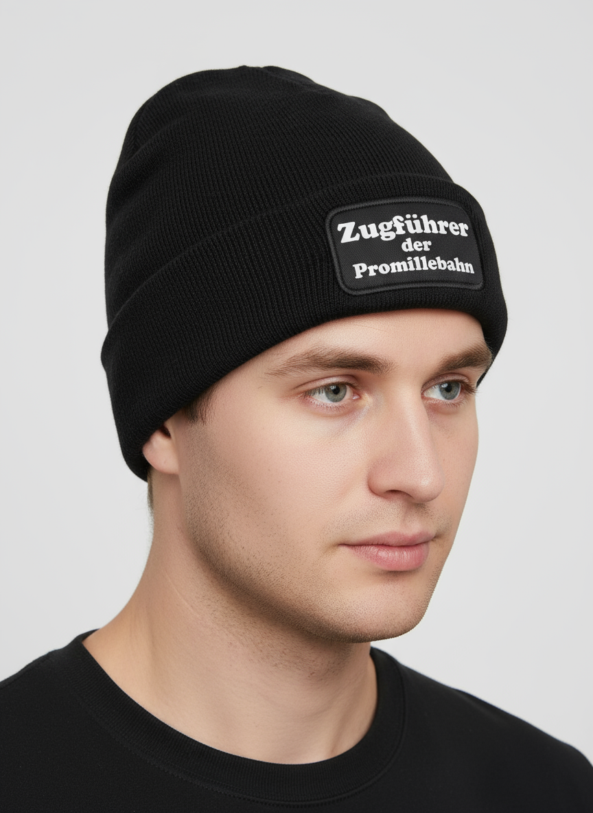 Zugführer der Promillebahn – Schwarze Mütze mit Reflex-Patch für Kohlfahrt & Party